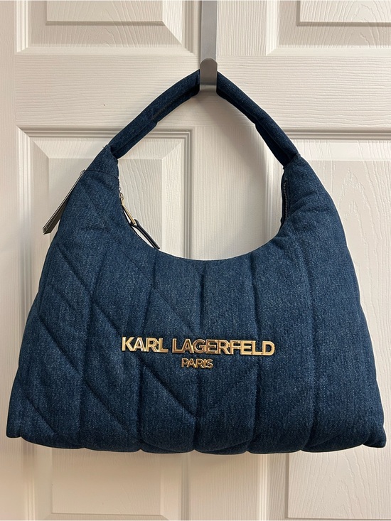 Karl Lagerfeld Handbags - Karl Lagerfeld Quilted Dark Blue Denim Shoulder Bag with Gold Logo